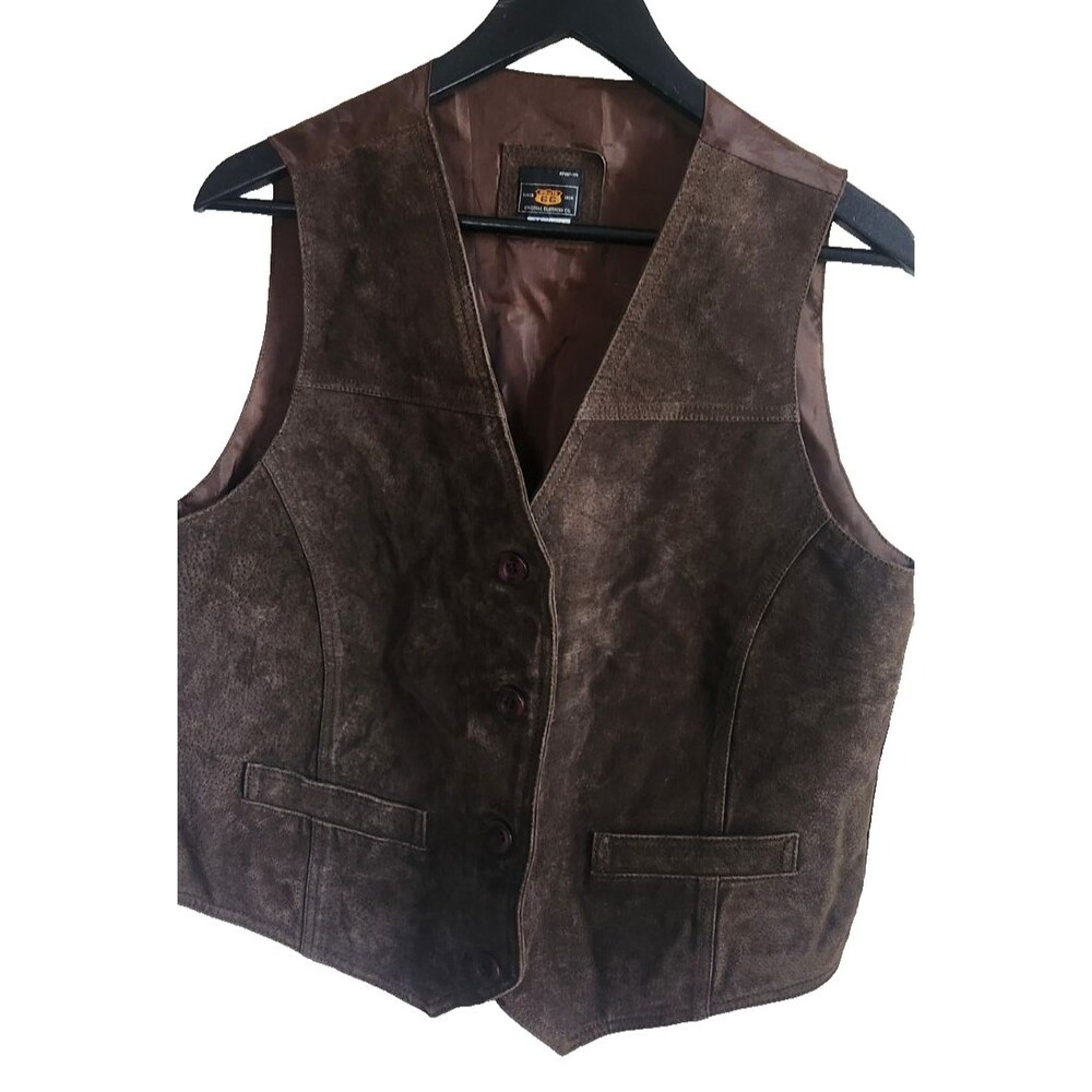 VTG Route 66 M Brown Leather Front Poly Back Sleeveless 2 Pocket Vest Biker
